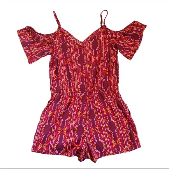 Arizona Jean Co. Red Geometric Print Cold Shoulder Romper Summer Festival Boho M - Picture 2 of 8